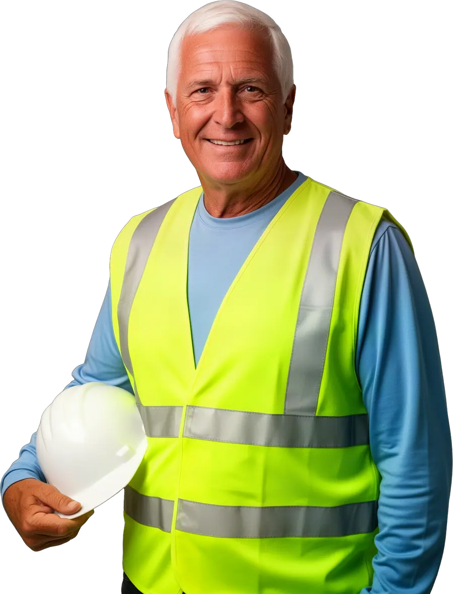 Smiling man with white hair in a blue shirt and yellow-green safety vest holding a white hard hat
