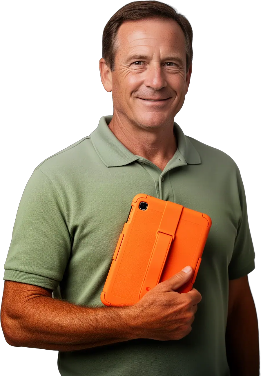 Smiling man in a sage polo shirt holding a tablet in an orange case
