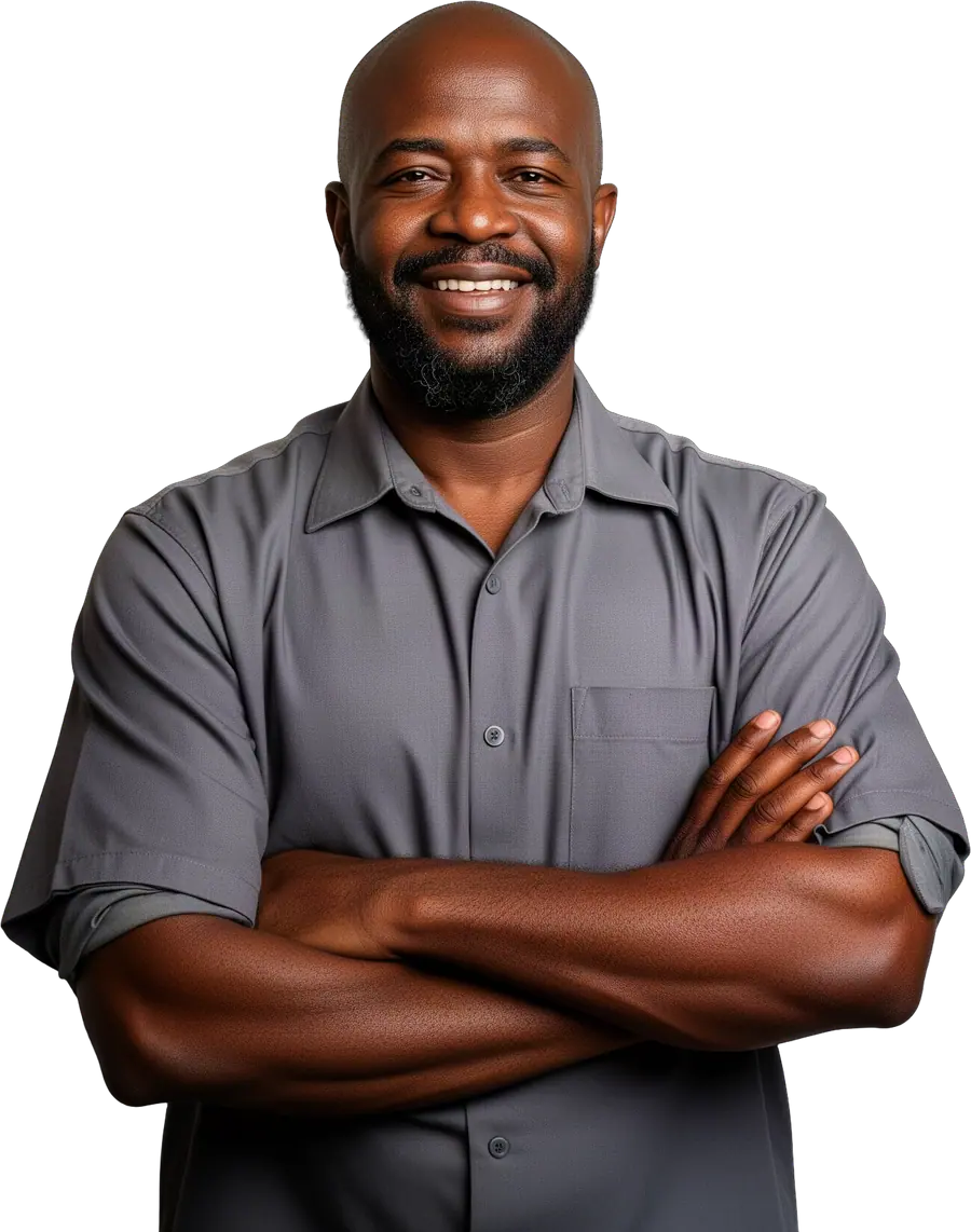 Smiling bearded man in a gray short-sleeve shirt standing with arms crossed