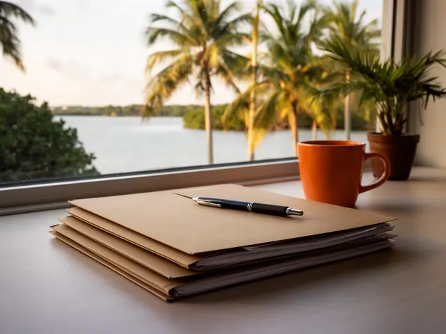 Stack of closed kraft folders with a pen on a desk by a window onto palms and a calm lagoon