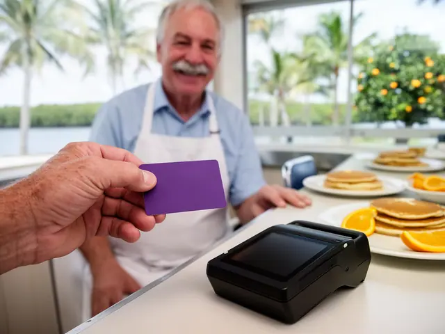Customer tapping a purple card on a payment terminal at a diner counter with pancakes and oranges, the smiling owner behind
